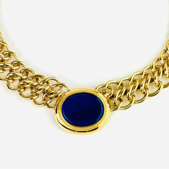 VTG 80s Monet Chunky Chain Link Blue Lapis Glass Gold Plated Collar Necklace - Picture 4 of 14